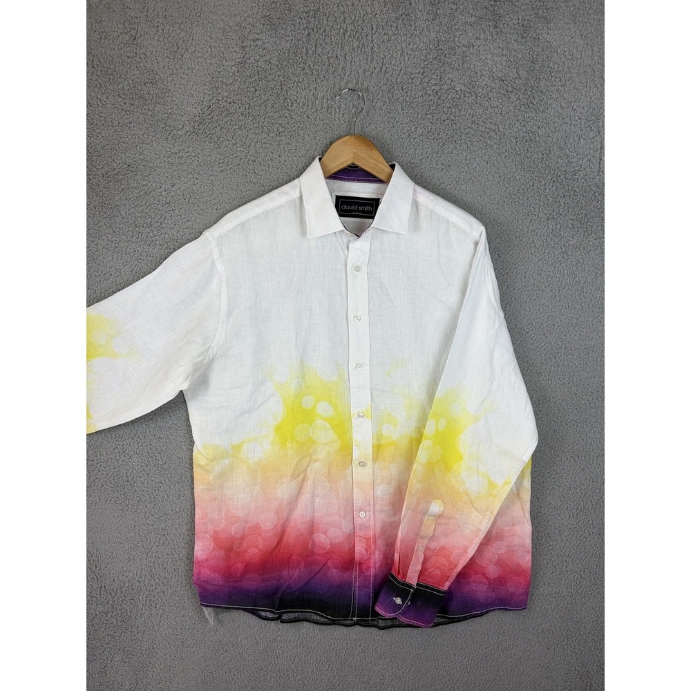 David Smith Shirt Mens XL White Linen Long Sleeve Button Ombre Gradient Casual